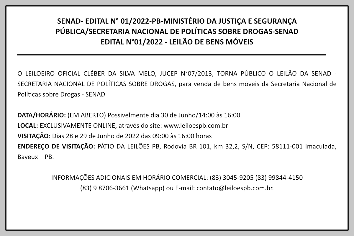 LEILÃO DE BENS MÓVEIS – EDITAL N°01/2022