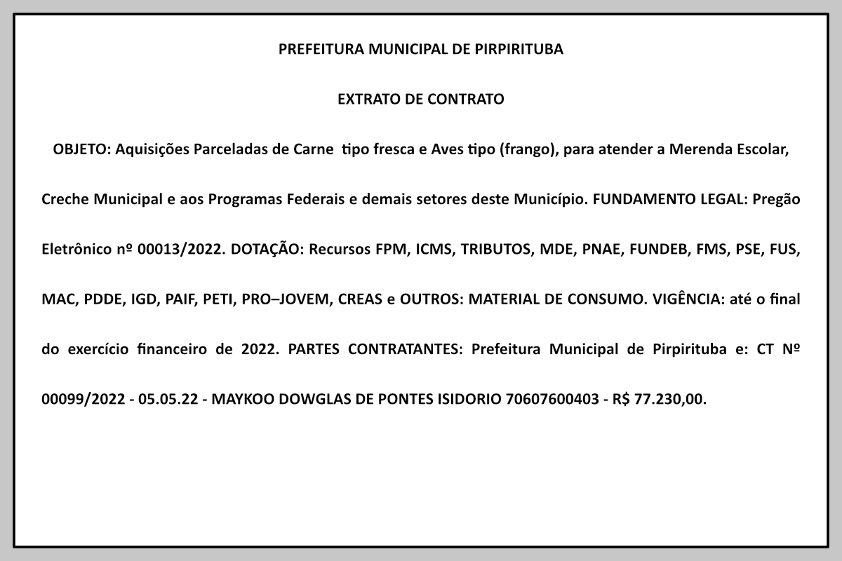 PREFEITURA MUNICIPAL DE PIRPIRITUBA – EXTRATO DE CONTRATO