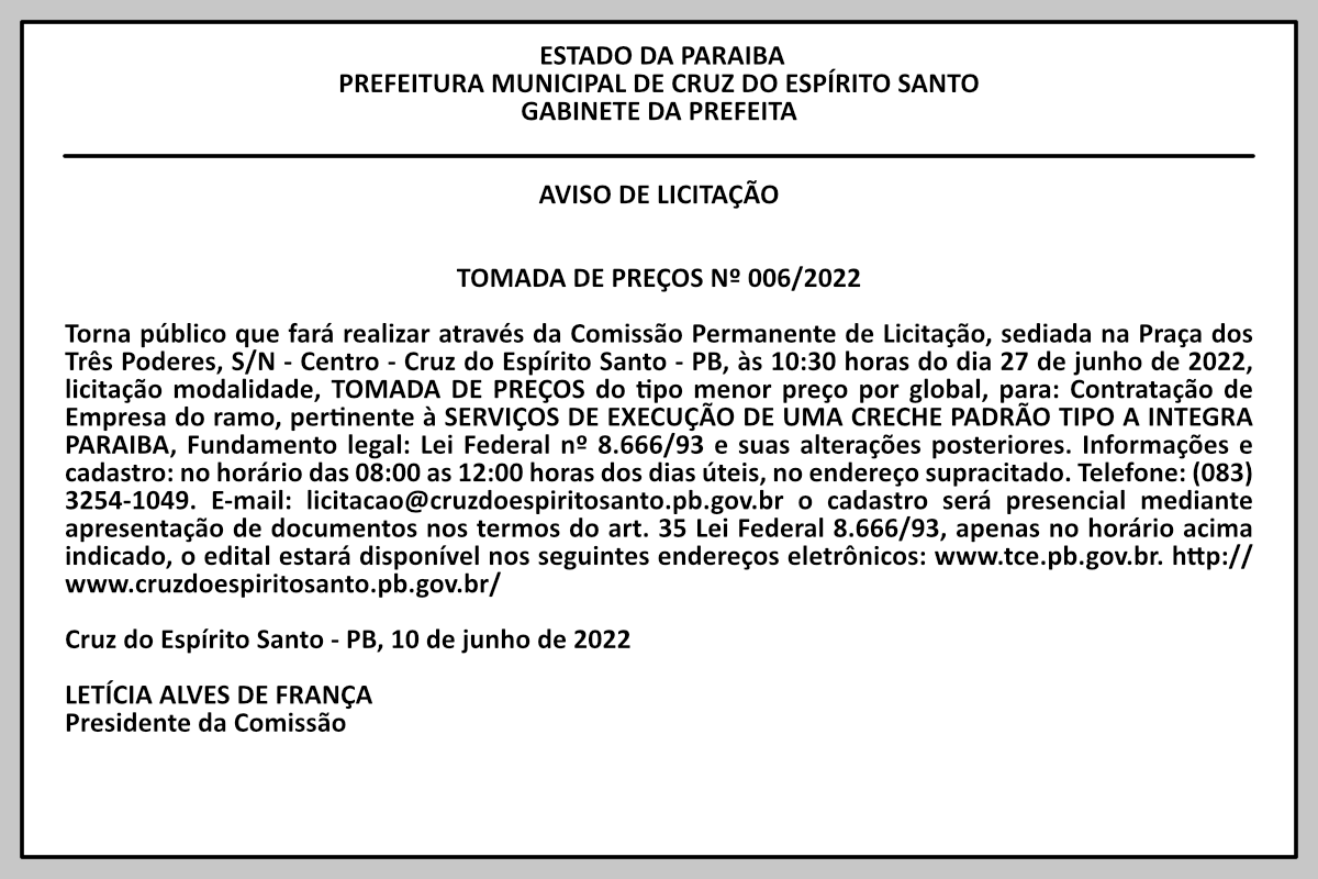 PREFEITURA MUNICIPAL DE CRUZ DO ESPÍRITO SANTO – AVISO DE LICITAÇÃO – TOMADA DE PREÇOS Nº 006/2022