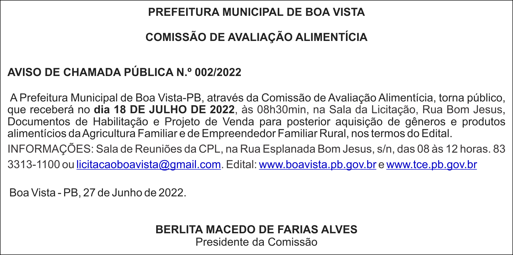 PREFEITURA MUNICIPAL DE BOA VISTA – AVISO DE CHAMADA PÚBLICA N.º 002/2022