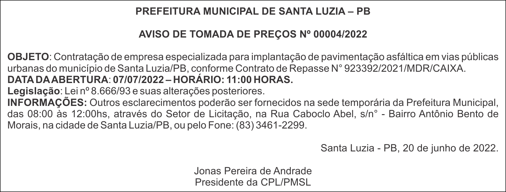PREFEITURA MUNICIPAL DE SANTA LUZIA – PB – AVISO DE TOMADA DE PREÇOS Nº 00004/2022