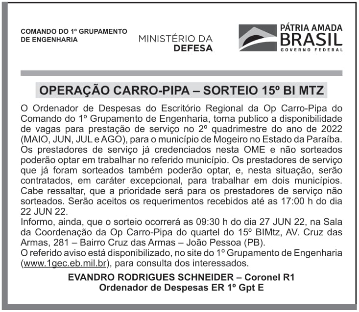 CMDO 1º GPTE – JOÃO PESSOA – PB – Operação Carro-Pipa – Sorteio 15º BIMtz