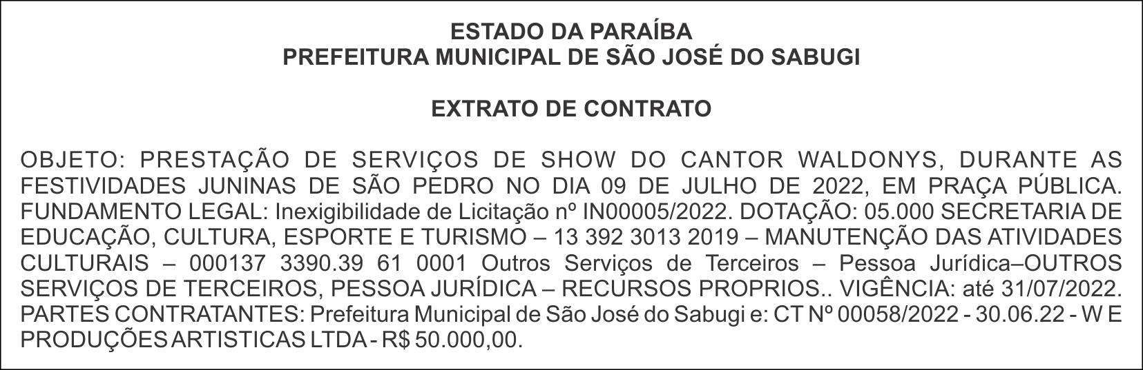 PREFEITURA MUNICIPAL DE SÃO JOSÉ DO SABUGI – EXTRATO DE CONTRATO