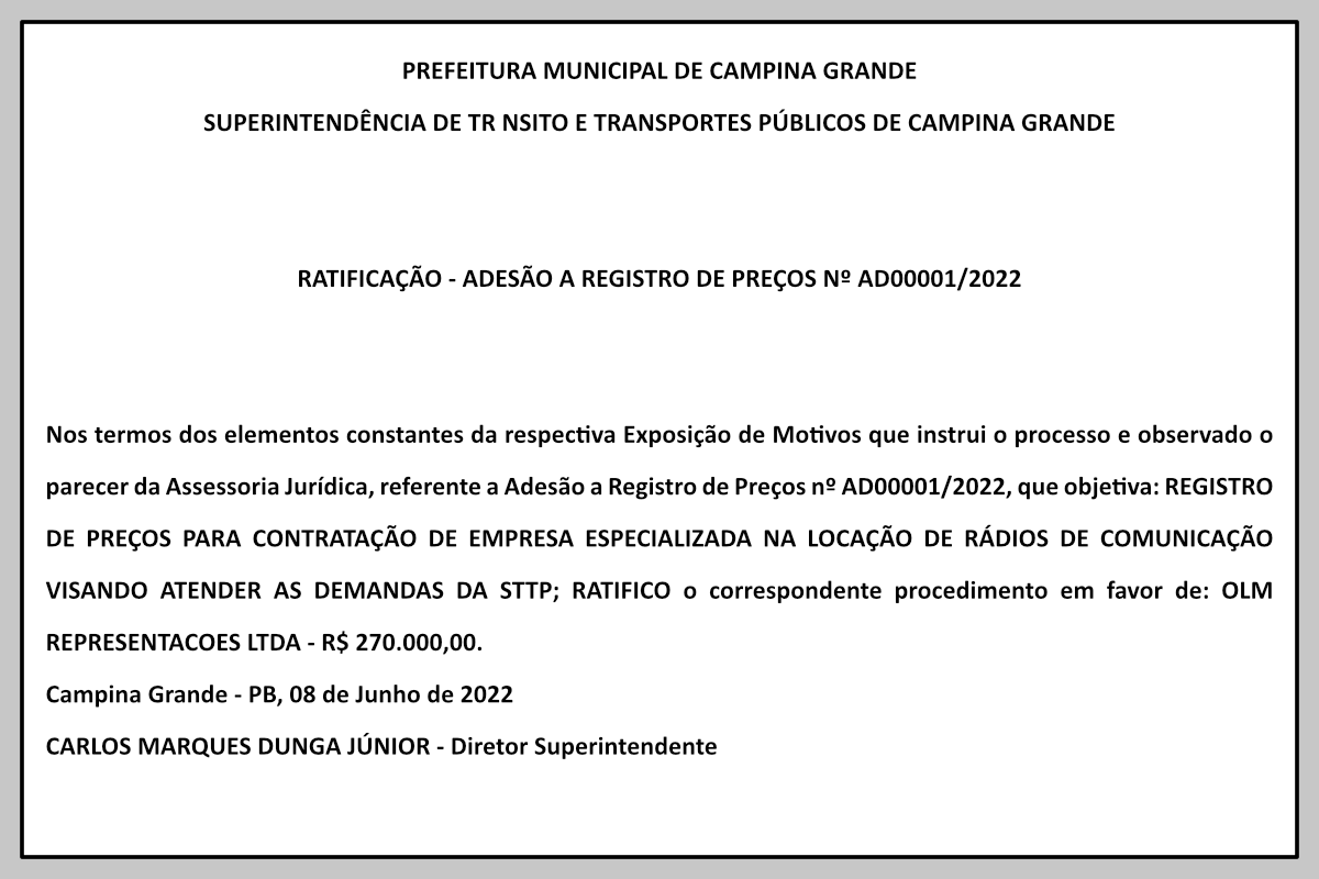 STTP/CG – RATIFICAÇÃO – ADESÃO A REGISTRO DE PREÇOS Nº AD00001/2022