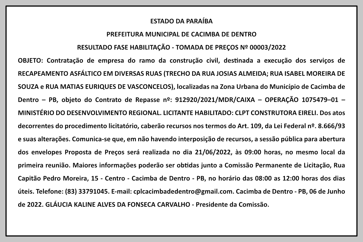 PREFEITURA MUNICIPAL DE CACIMBA DE DENTRO – RESULTADO FASE HABILITAÇÃO – TOMADA DE PREÇOS Nº 00003/2022