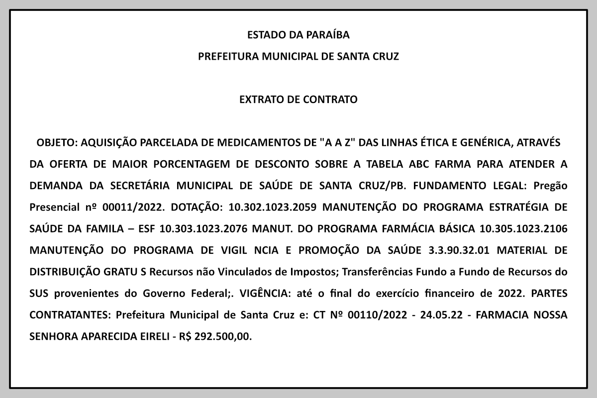 PREFEITURA MUNICIPAL DE SANTA CRUZ – EXTRATO DE CONTRATO