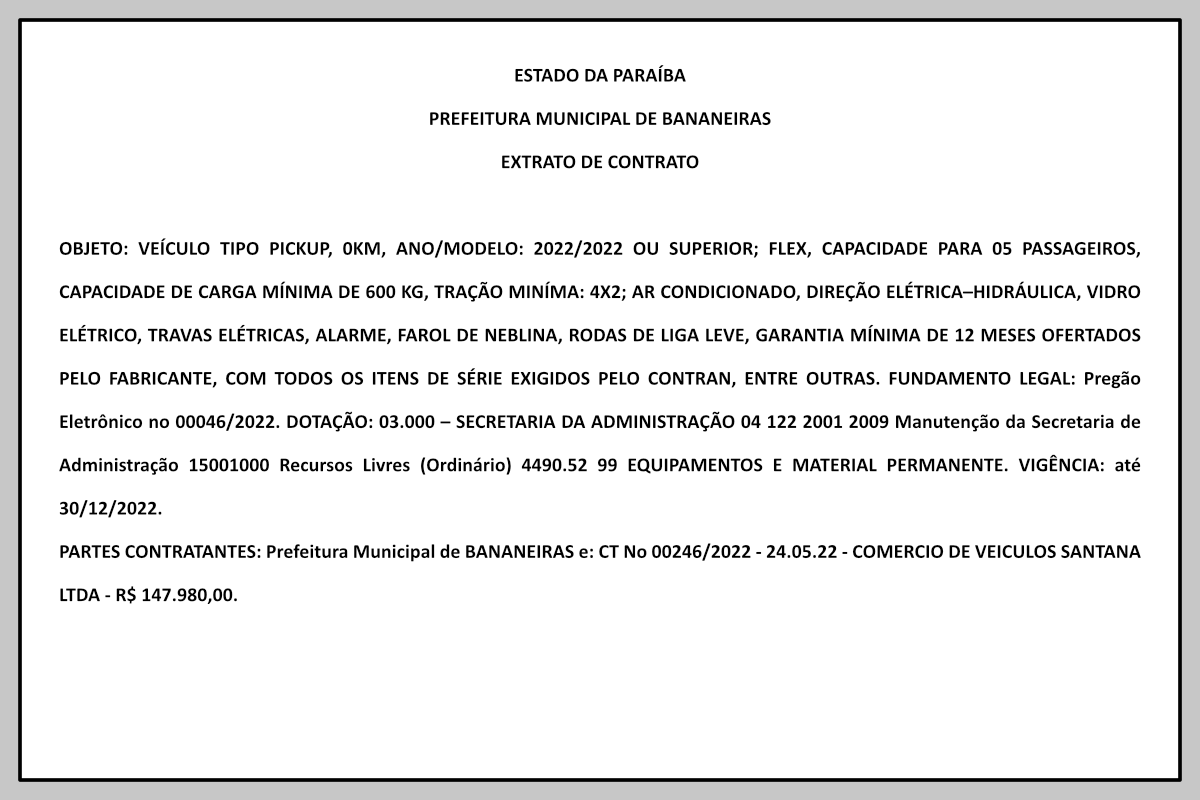 PREFEITURA MUNICIPAL DE BANANEIRAS – EXTRATO DE CONTRATO