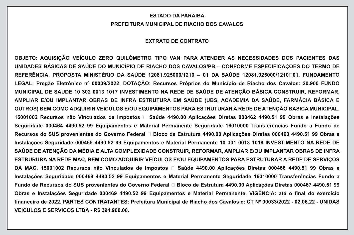 PREFEITURA MUNICIPAL DE RIACHO DOS CAVALOS – EXTRATO DE CONTRATO