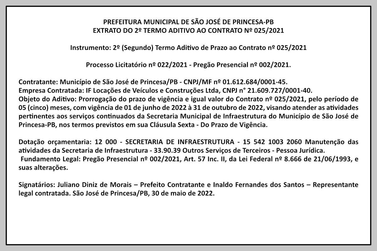 PREFEITURA MUNICIPAL DE SÃO JOSÉ DE PRINCESA-PB – EXTRATO DO 2º TERMO ADITIVO AO CONTRATO Nº 025/2021