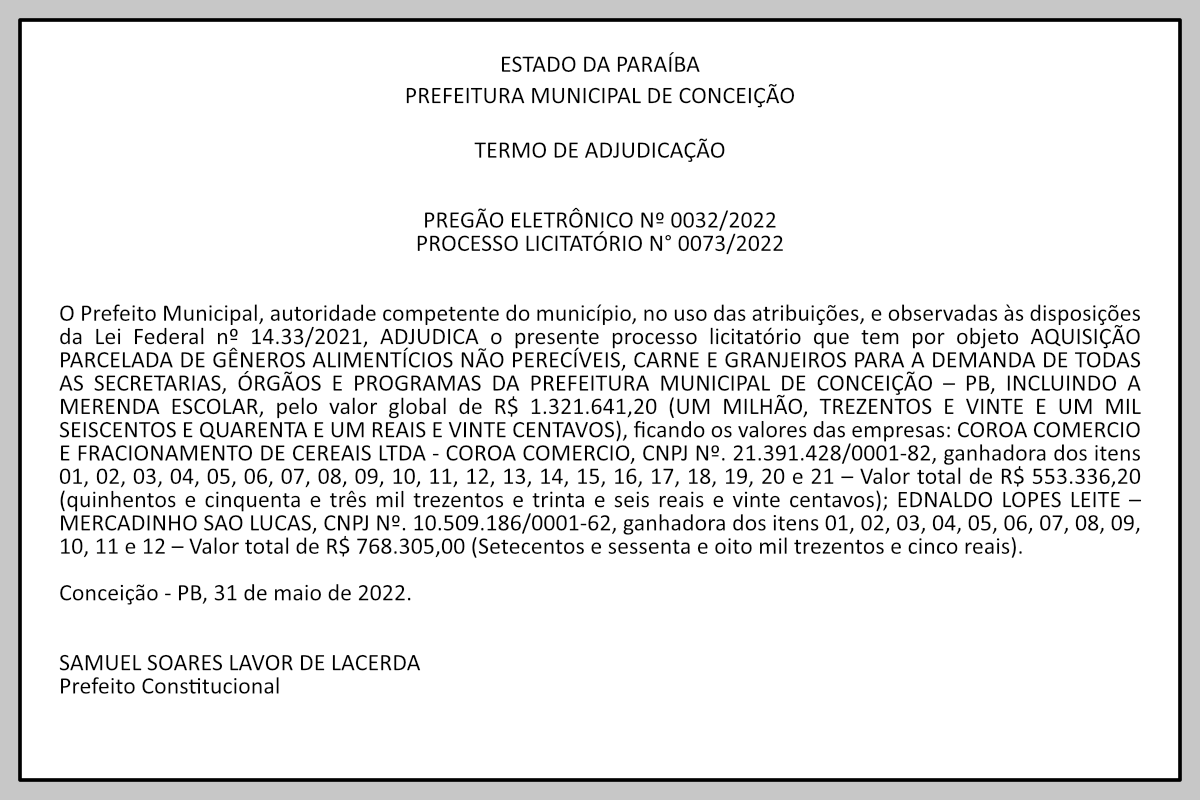 PREFEITURA MUNICIPAL DE CONCEIÇÃO – TERMO DE ADJUDICAÇÃO  – PREGÃO ELETRÔNICO Nº 0032/2022 – PROCESSO LICITATÓRIO N° 0073/2022