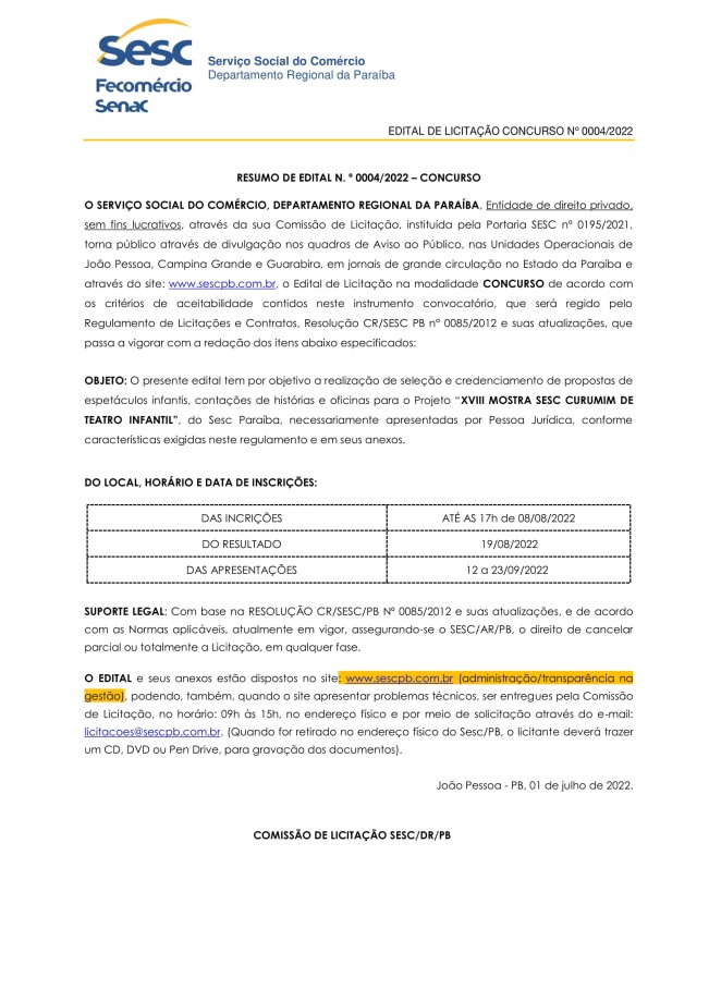 SESC – RESUMO DE EDITAL N. º 0004/2022 – CONCURSO
