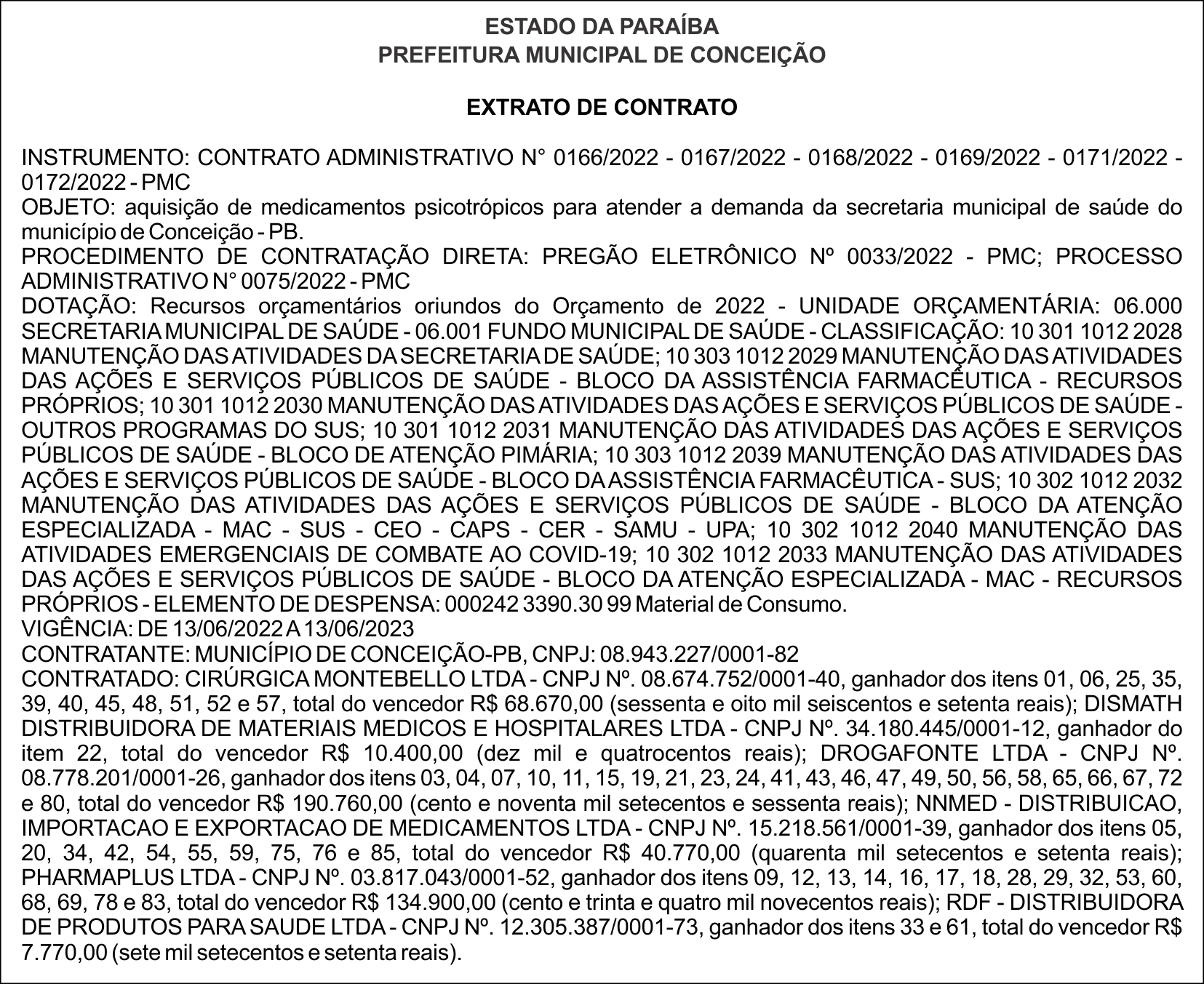 PREFEITURA MUNICIPAL DE CONCEIÇÃO  –  EXTRATO DE CONTRATO