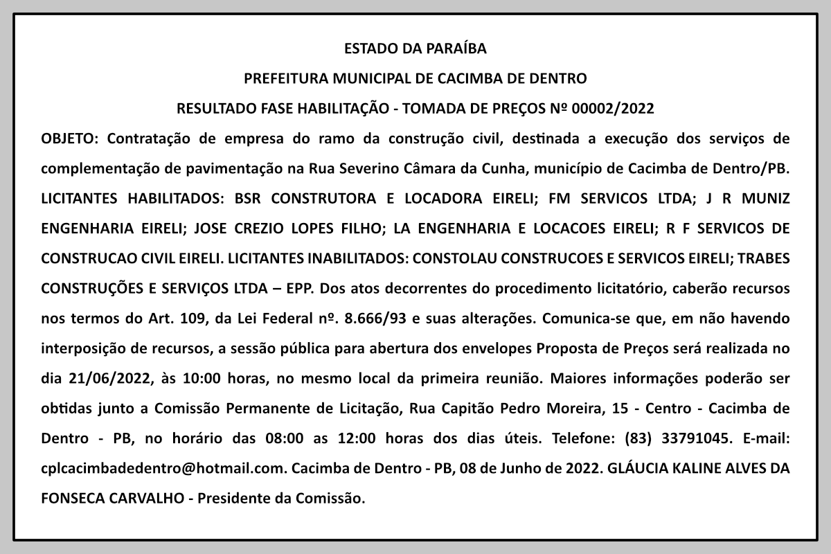 PREFEITURA MUNICIPAL DE CACIMBA DE DENTRO – RESULTADO FASE HABILITAÇÃO – TOMADA DE PREÇOS Nº 00002/2022