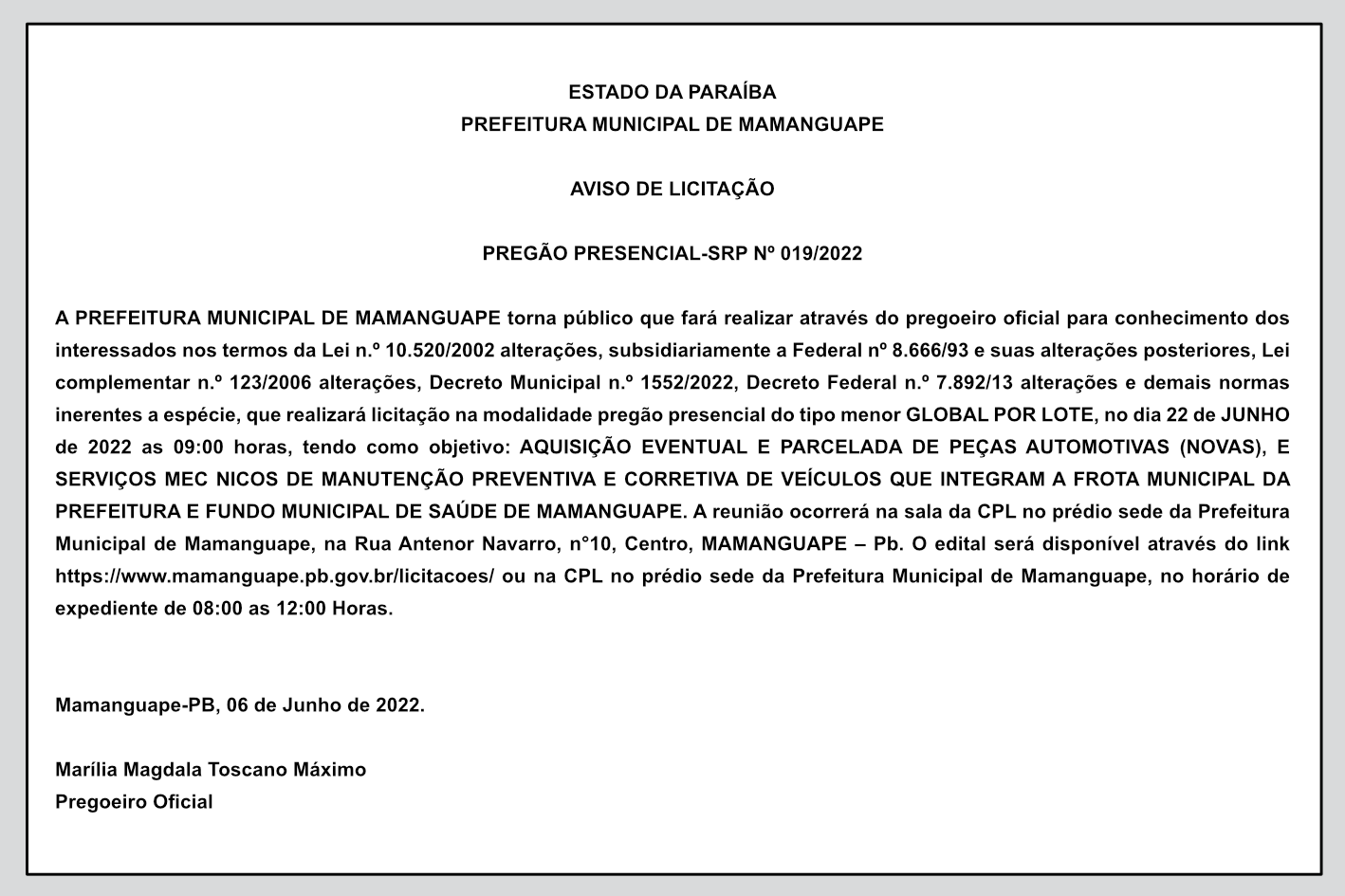 PREFEITURA MUNICIPAL DE MAMANGUAPE  – AVISO DE LICITAÇÃO – PREGÃO PRESENCIAL-SRP Nº 019/2022