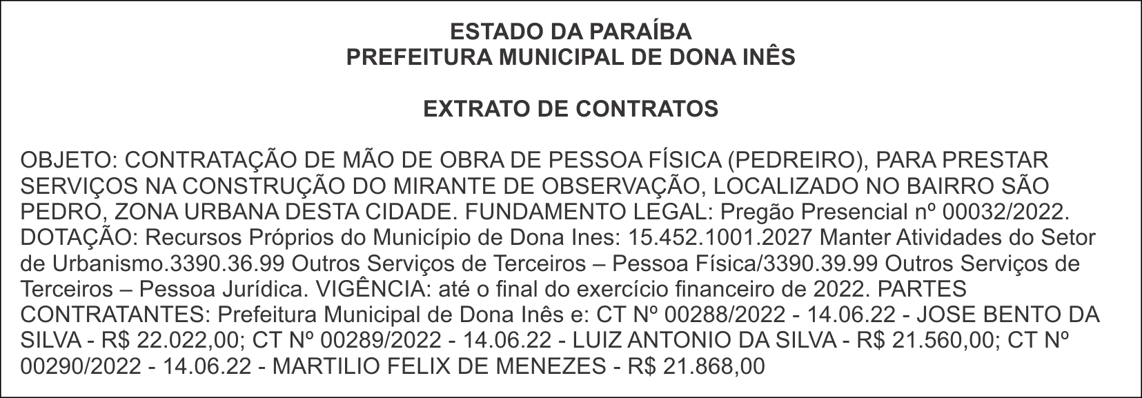 PREFEITURA MUNICIPAL DE DONA INÊS – EXTRATO DE CONTRATOS