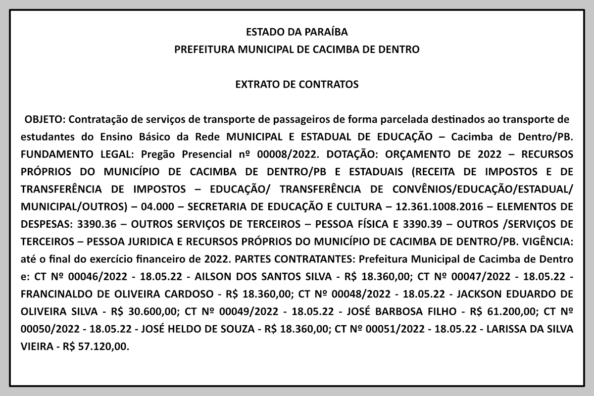 PREFEITURA MUNICIPAL DE CACIMBA DE DENTRO EXTRATO DE CONTRATOS