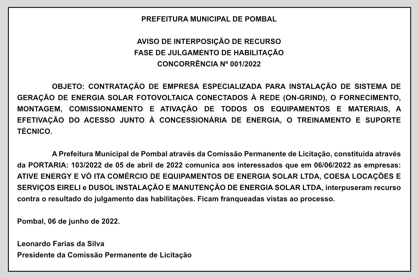 PREFEITURA MUNICIPAL DE POMBAL – AVISO DE INTERPOSIÇÃO DE RECURSO – FASE DE JULGAMENTO DE HABILITAÇÃO – CONCORRÊNCIA Nº 001/2022