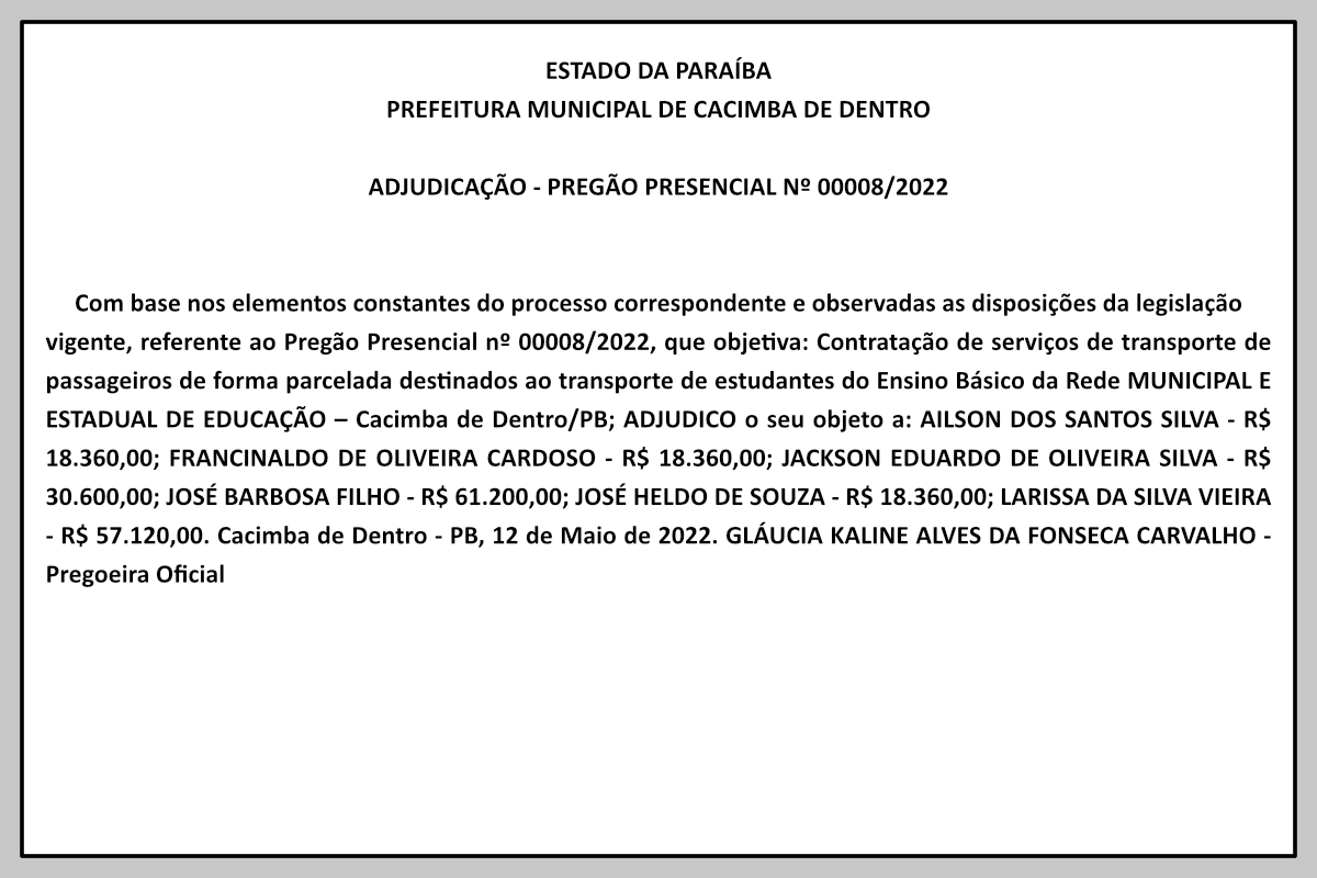 PREFEITURA MUNICIPAL DE CACIMBA DE DENTRO – ADJUDICAÇÃO – PREGÃO PRESENCIAL Nº 00008/2022