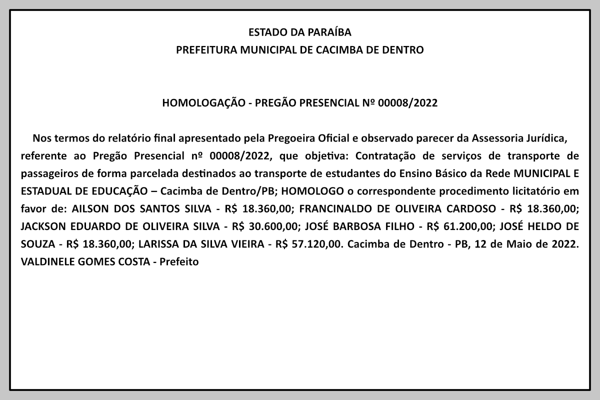 PREFEITURA MUNICIPAL DE CACIMBA DE DENTRO – HOMOLOGAÇÃO – PREGÃO PRESENCIAL Nº 00008/2022
