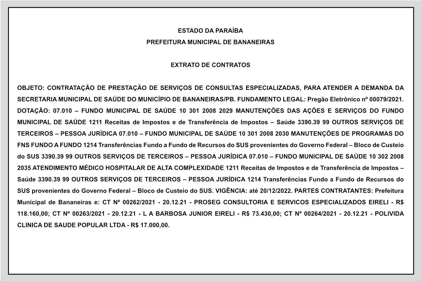 PREFEITURA MUNICIPAL DE BANANEIRAS – EXTRATO DE CONTRATOS