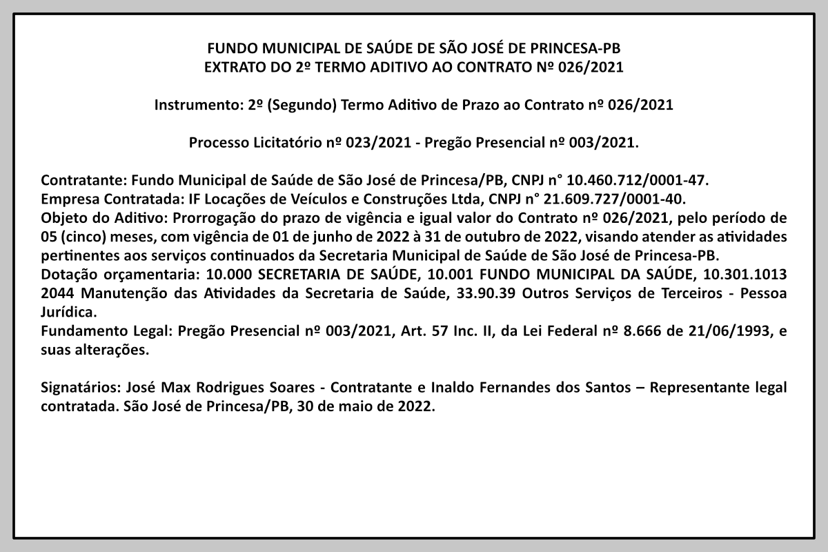 FUNDO MUNICIPAL DE SAÚDE DE SÃO JOSÉ DE PRINCESA-PB – EXTRATO DO 2º TERMO ADITIVO AO CONTRATO Nº 026/2021