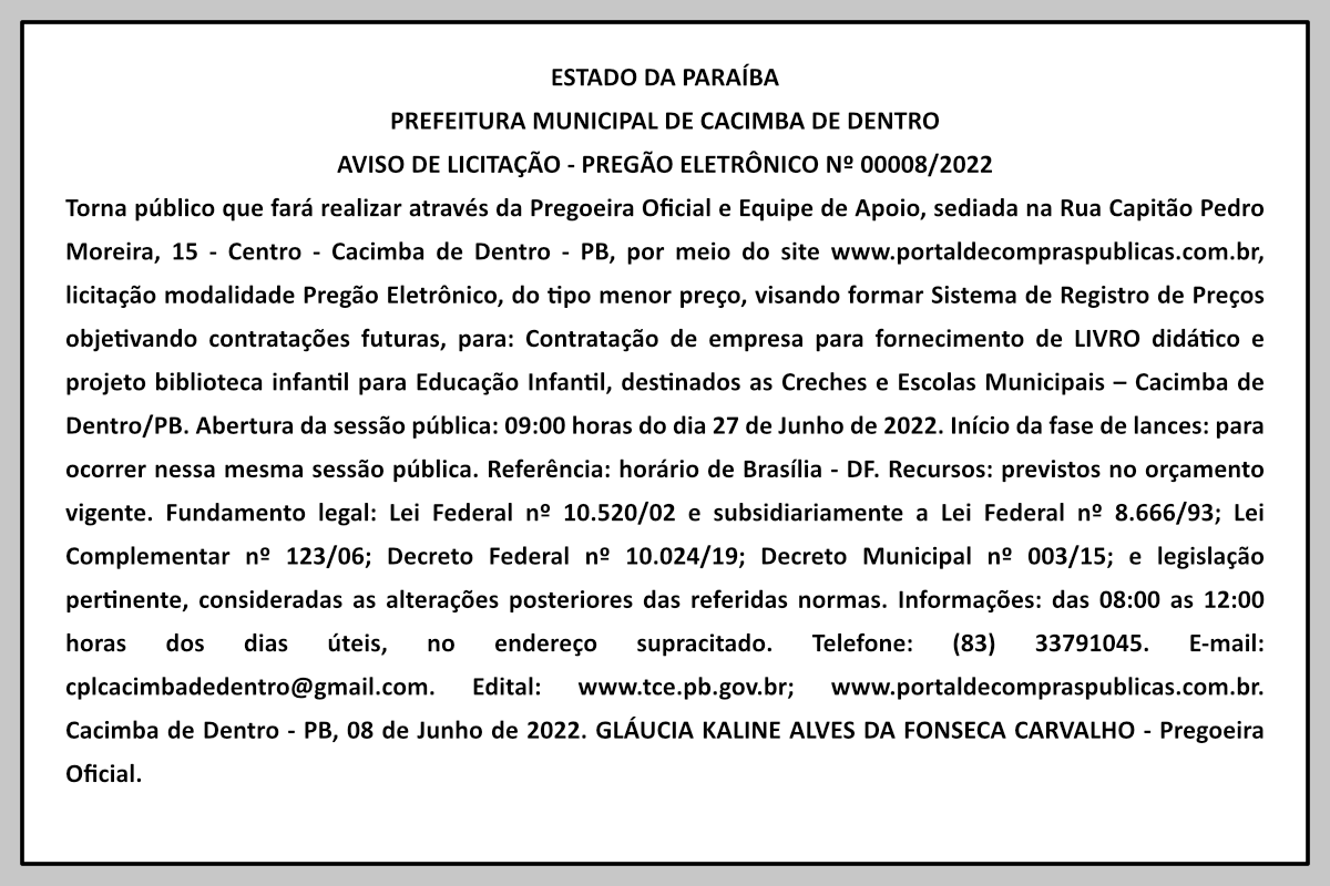PREFEITURA MUNICIPAL DE CACIMBA DE DENTRO – AVISO DE LICITAÇÃO – PREGÃO ELETRÔNICO Nº 00008/2022