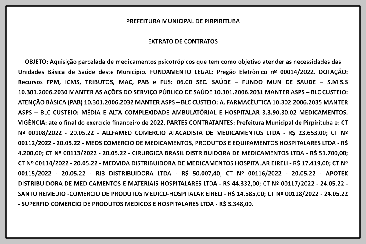 PREFEITURA MUNICIPAL DE PIRPIRITUBA – EXTRATO DE CONTRATOS