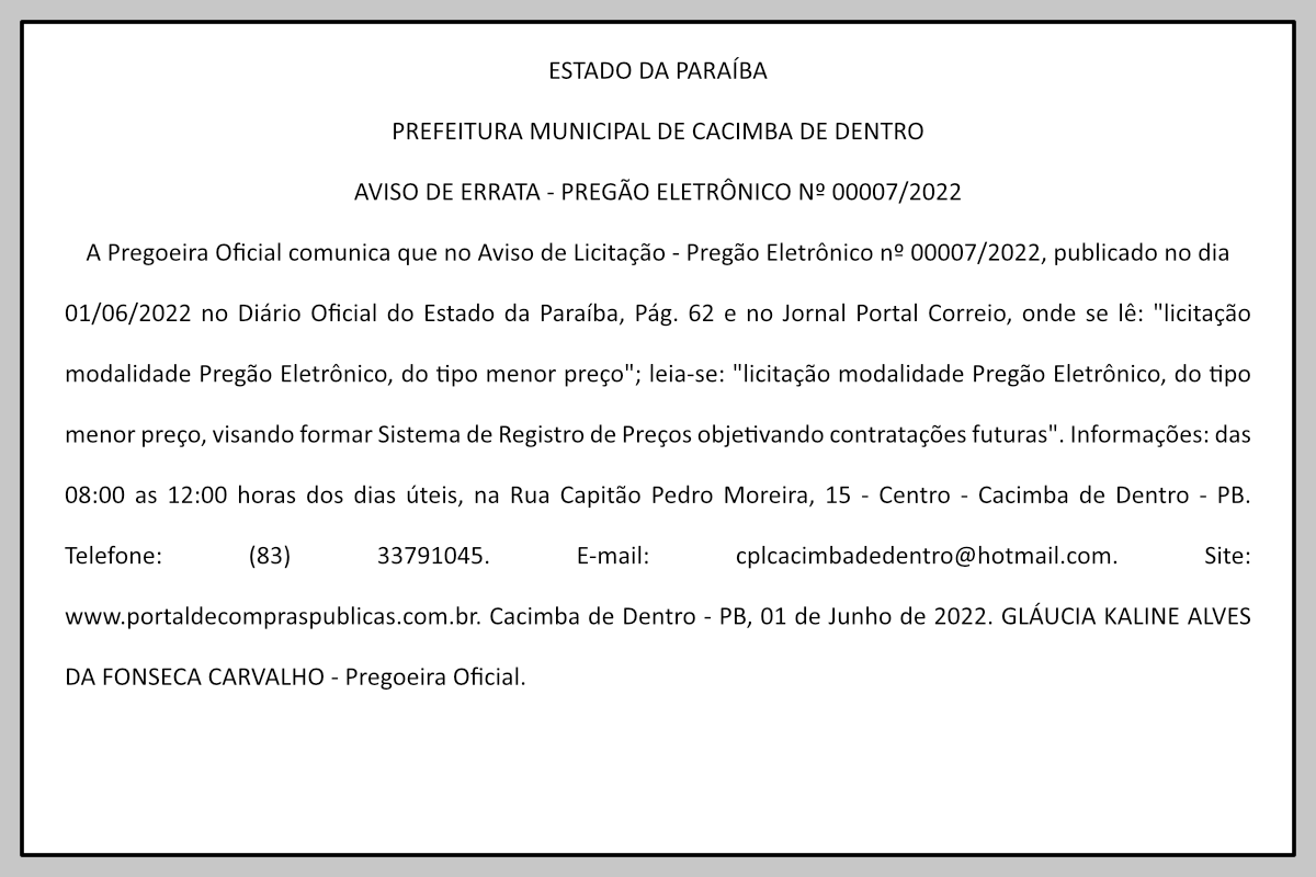 PREFEITURA MUNICIPAL DE CACIMBA DE DENTRO – AVISO DE ERRATA – PREGÃO ELETRÔNICO Nº 00007/2022