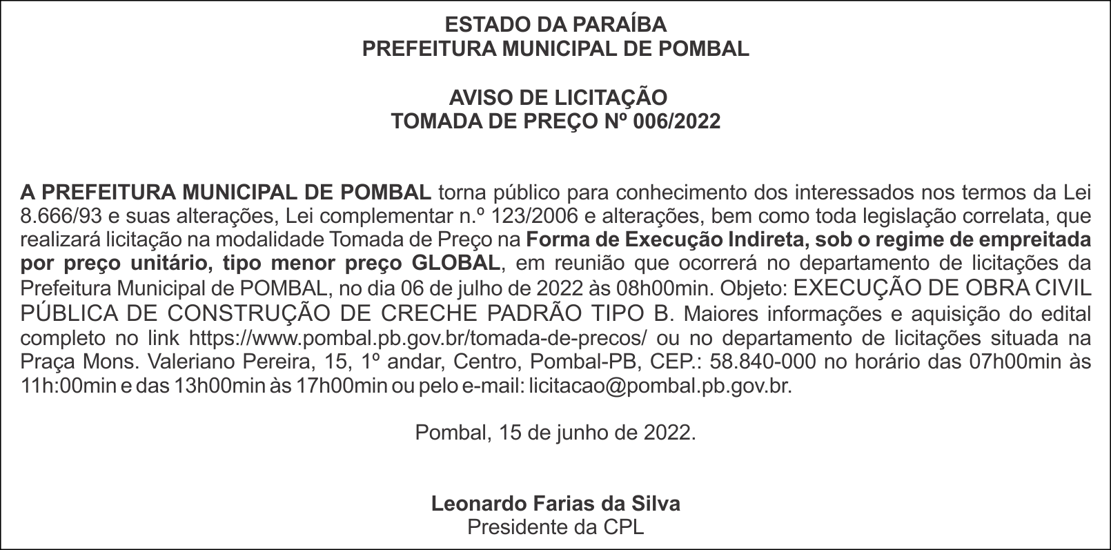 PREFEITURA MUNICIPAL DE POMBAL – AVISO DE LICITAÇÃO – TOMADA DE PREÇO Nº 006/2022