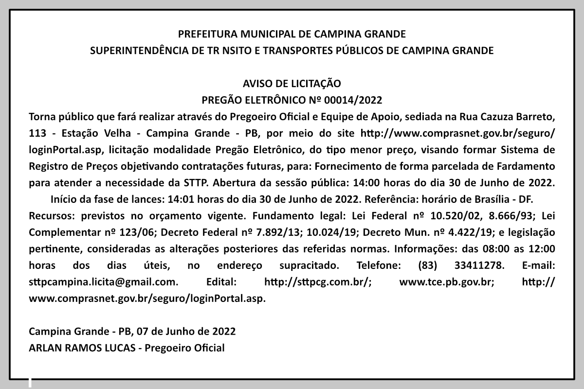 STTP/CG – AVISO DE LICITAÇÃO PREGÃO ELETRÔNICO Nº 00014/2022