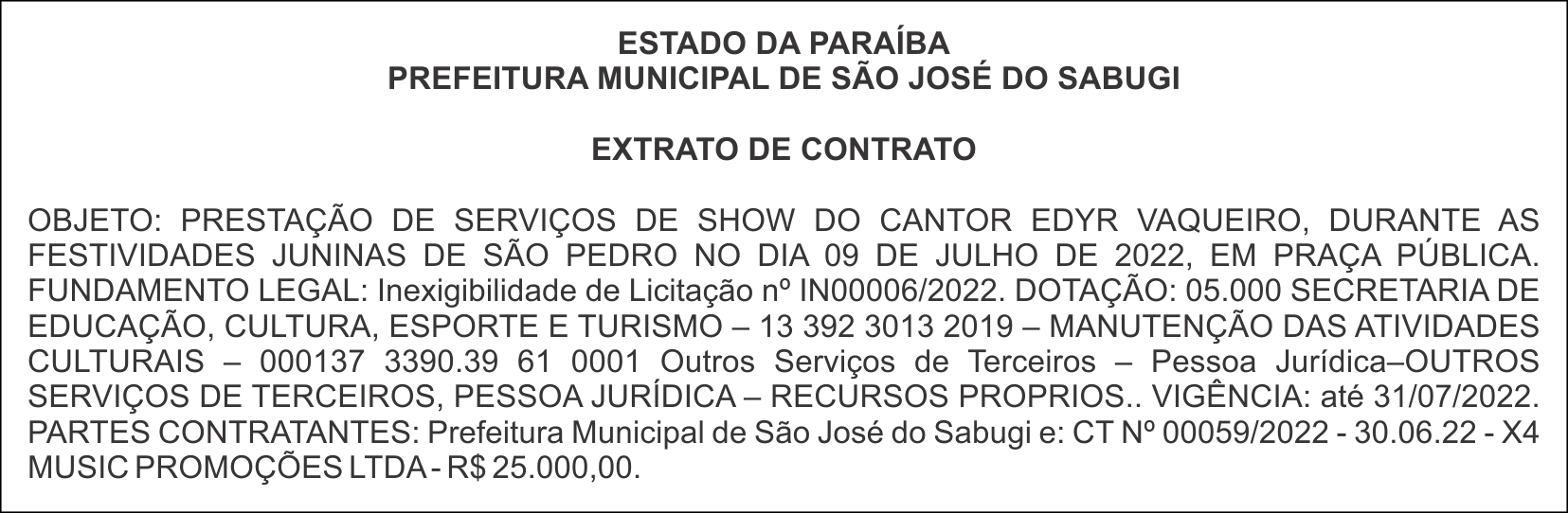 PREFEITURA MUNICIPAL DE SÃO JOSÉ DO SABUGI – EXTRATO DE CONTRATO