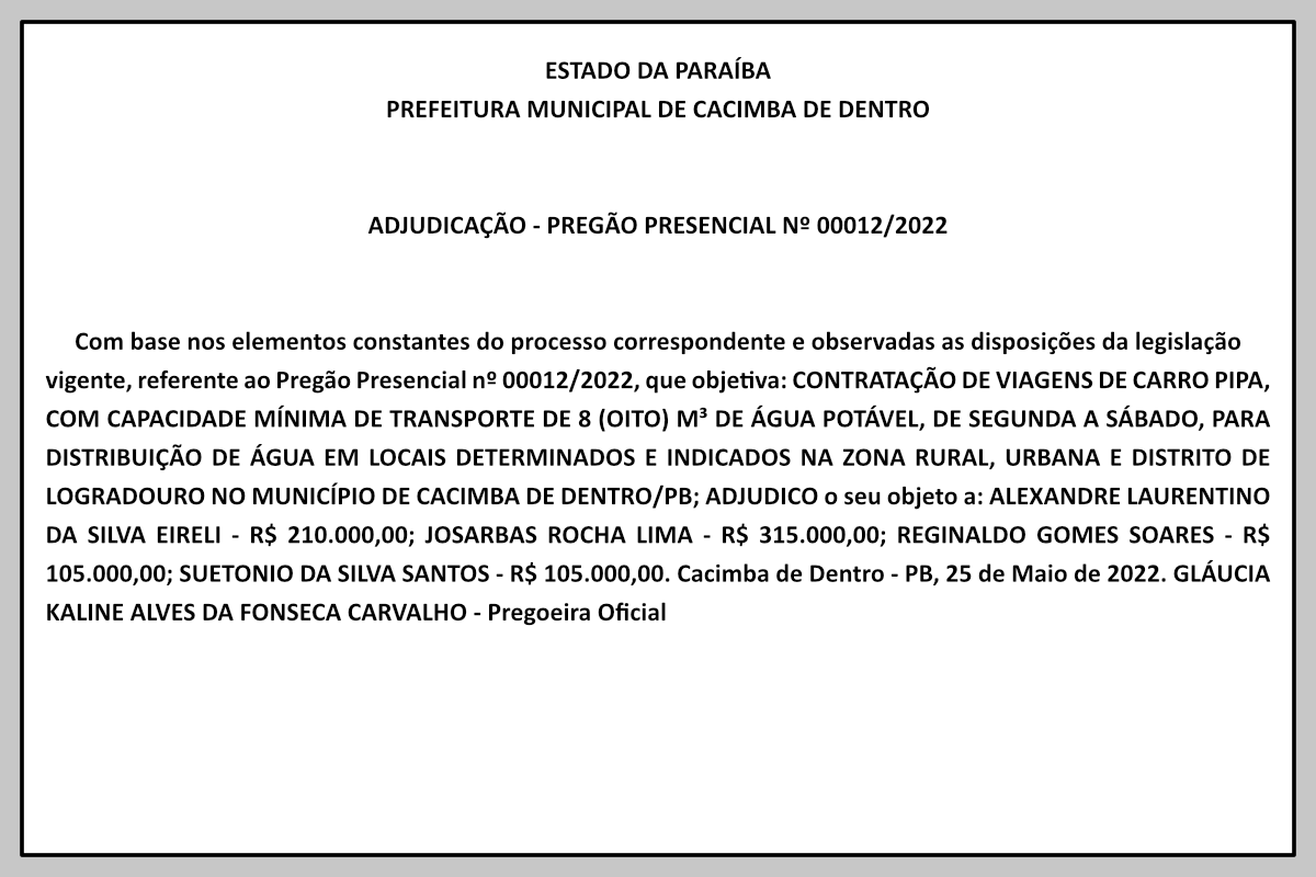 PREFEITURA MUNICIPAL DE CACIMBA DE DENTRO – ADJUDICAÇÃO – PREGÃO PRESENCIAL Nº 00012/2022