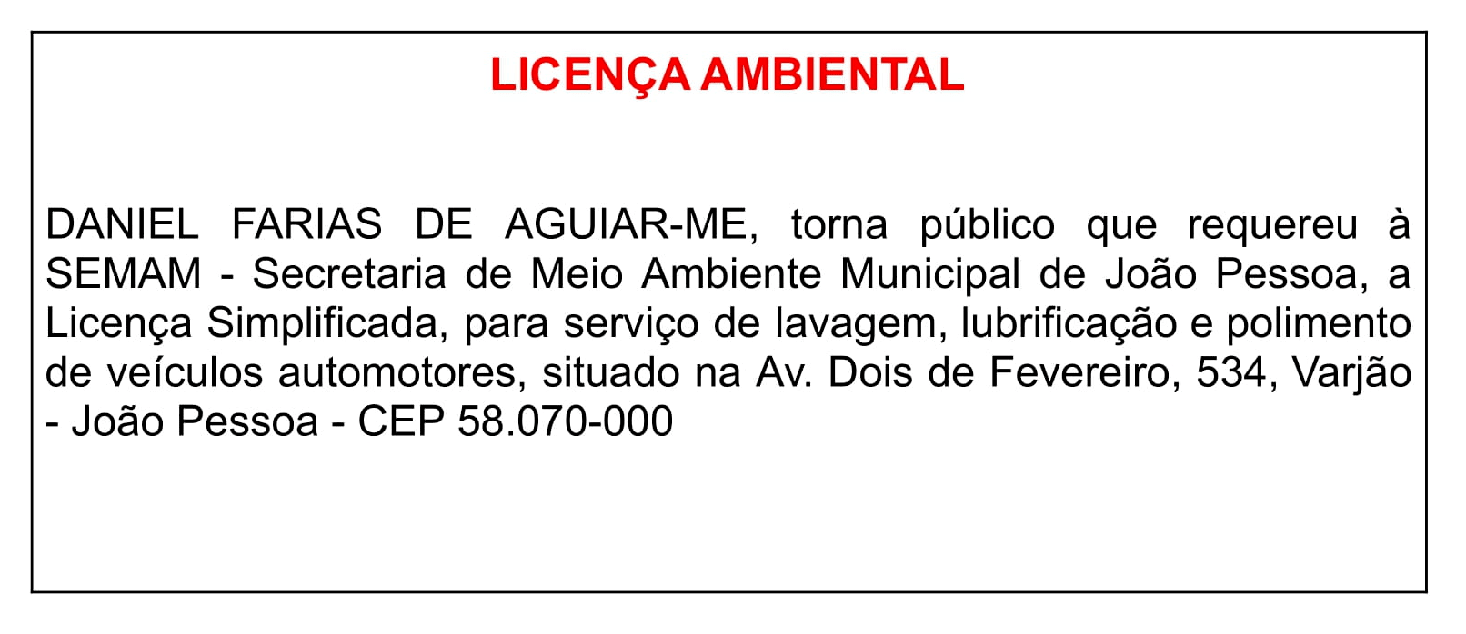 DANIEL FARIAS DE AGUIAR-ME – LICENÇA AMBIENTAL