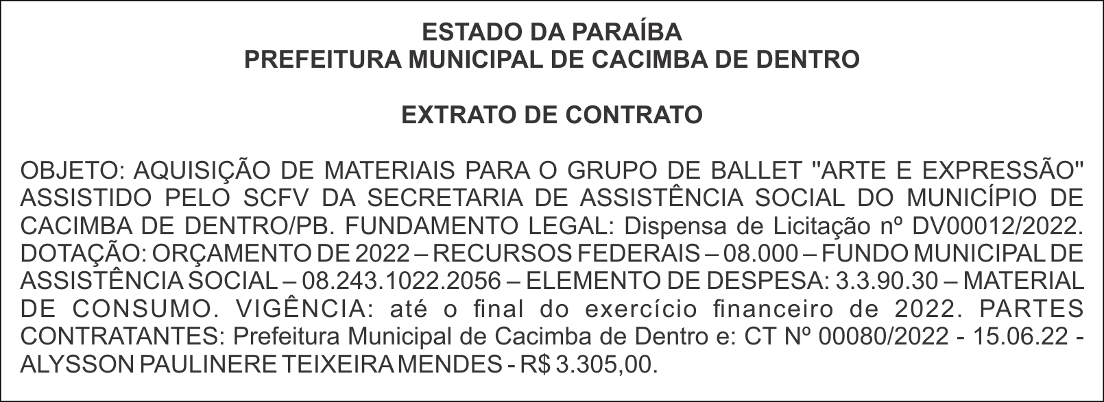 PREFEITURA MUNICIPAL DE CACIMBA DE DENTRO – EXTRATO DE CONTRATO