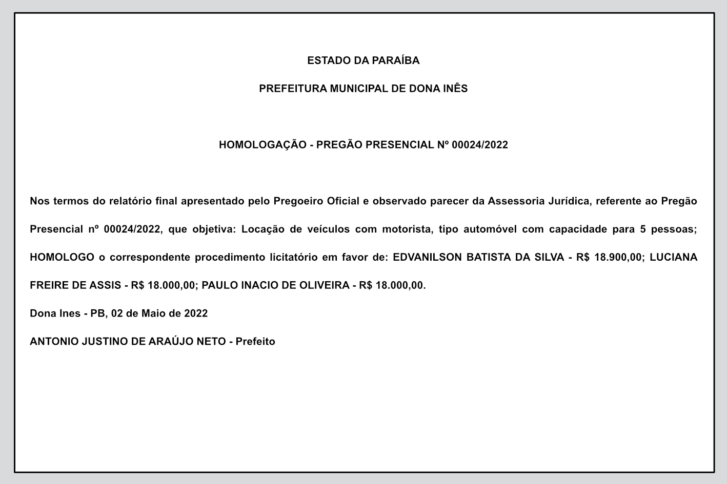 PREFEITURA MUNICIPAL DE DONA INÊS – HOMOLOGAÇÃO – PREGÃO PRESENCIAL Nº 00024/2022