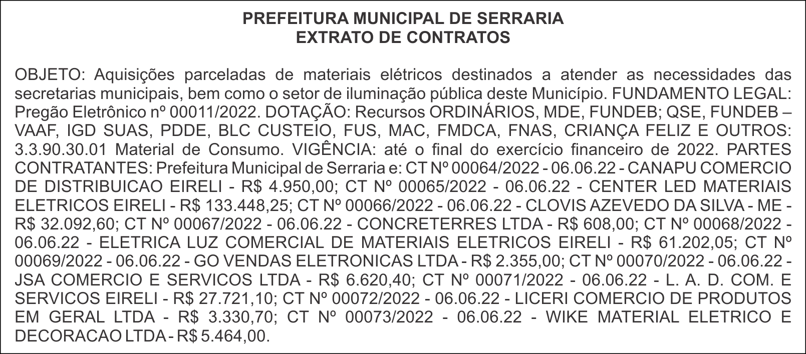 PREFEITURA MUNICIPAL DE SERRARIA – EXTRATO DE CONTRATOS
