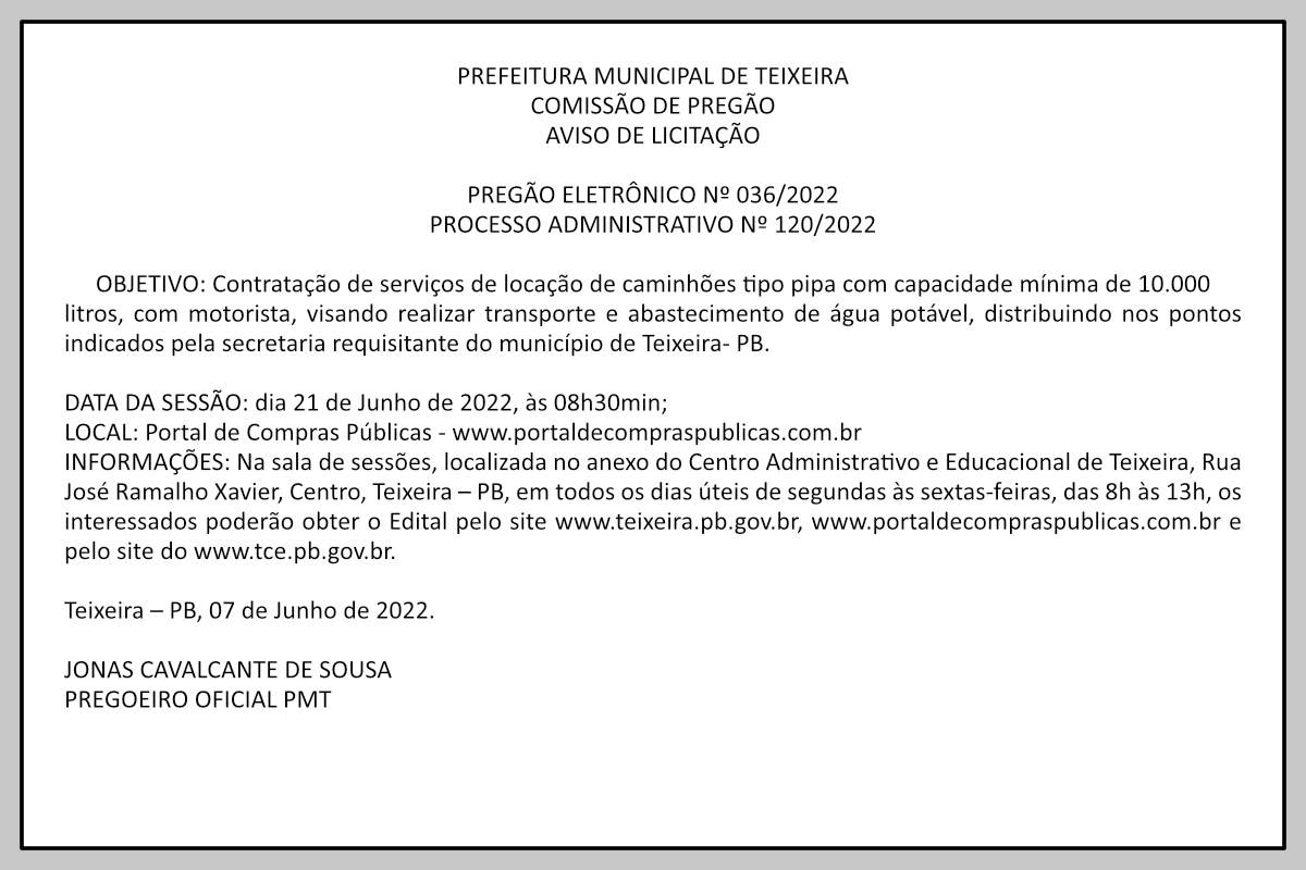 PREFEITURA MUNICIPAL DE TEIXEIRA – AVISO DE LICITAÇÃO – PREGÃO ELETRÔNICO Nº 036/2022