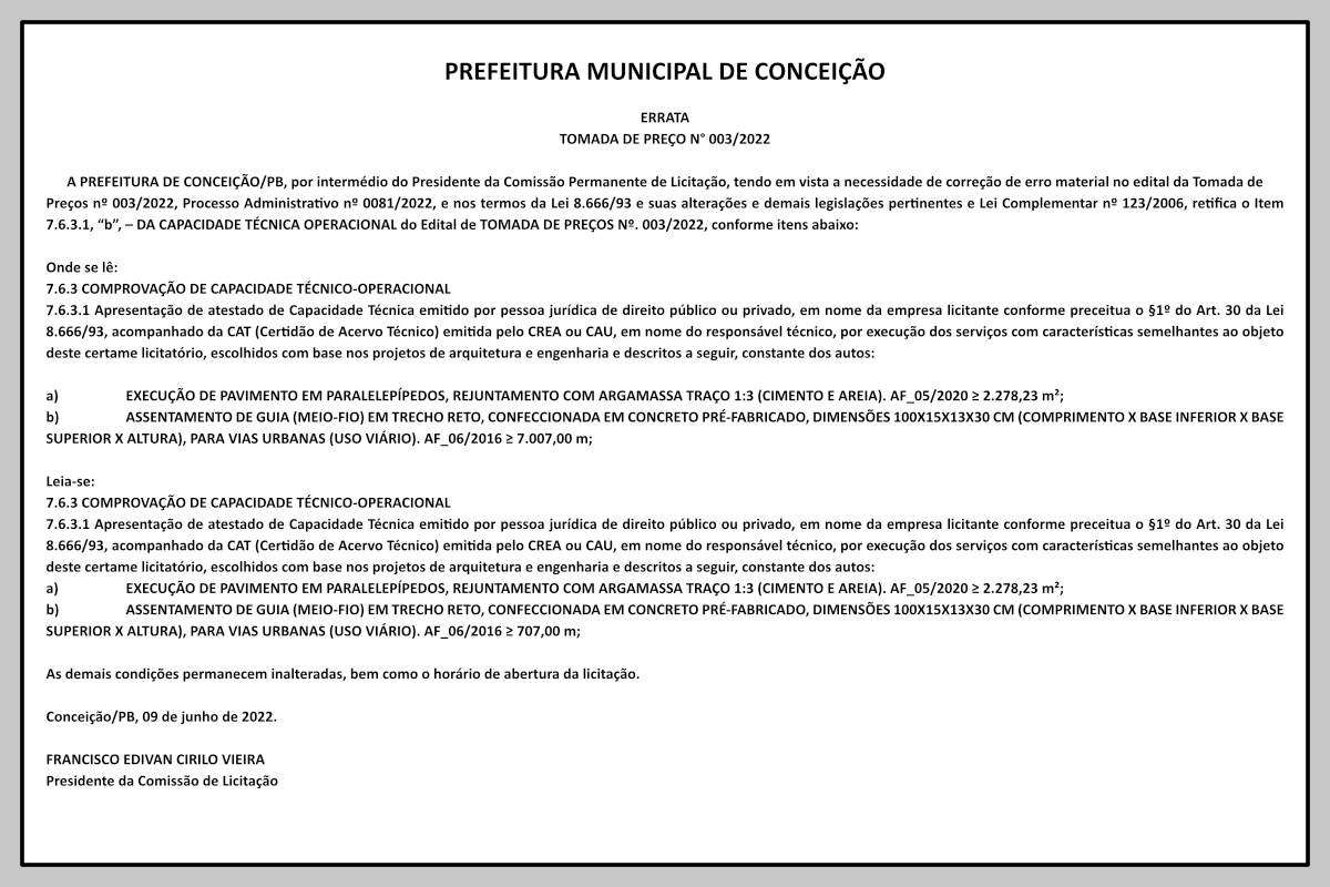 PREFEITURA MUNICIPAL DE CONCEIÇÃO – ERRATA – TOMADA DE PREÇO N° 003/2022