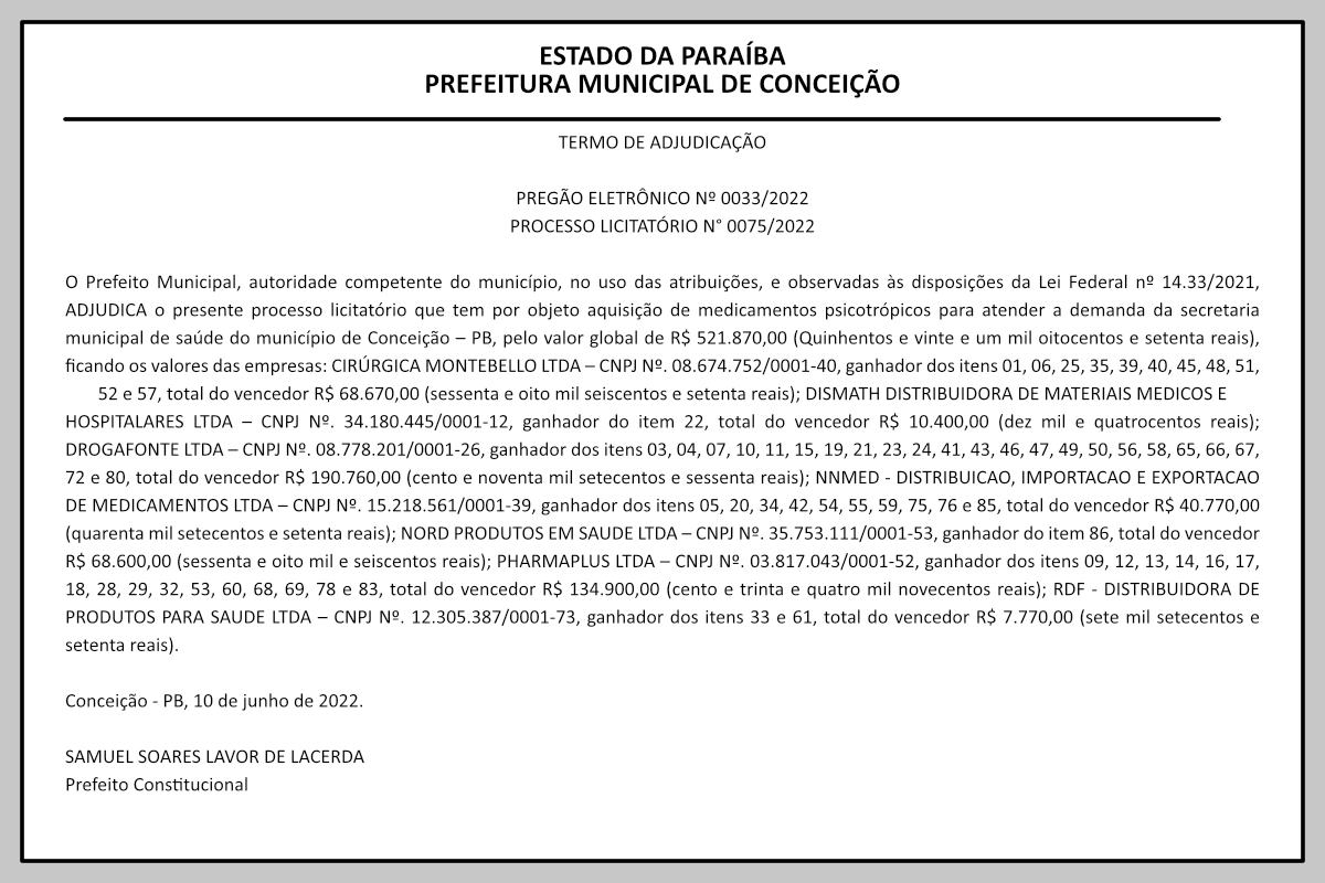 PREFEITURA MUNICIPAL DE CONCEIÇÃO – TERMO DE ADJUDICAÇÃO – PREGÃO ELETRÔNICO Nº 0033/2022 – PROCESSO LICITATÓRIO N° 0075/2022