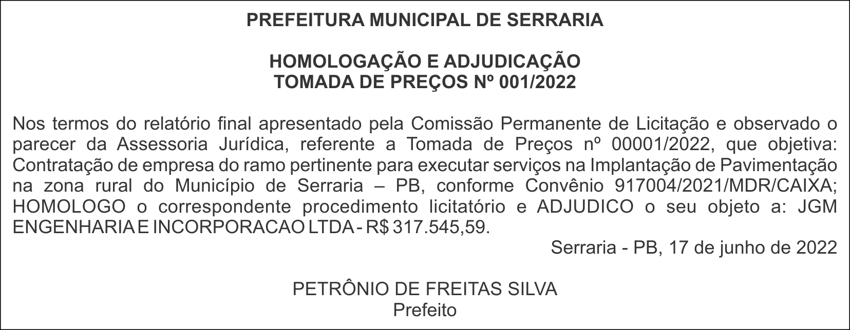 PREFEITURA MUNICIPAL DE SERRARIA – HOMOLOGAÇÃO E ADJUDICAÇÃO – TOMADA DE PREÇOS Nº 001/2022