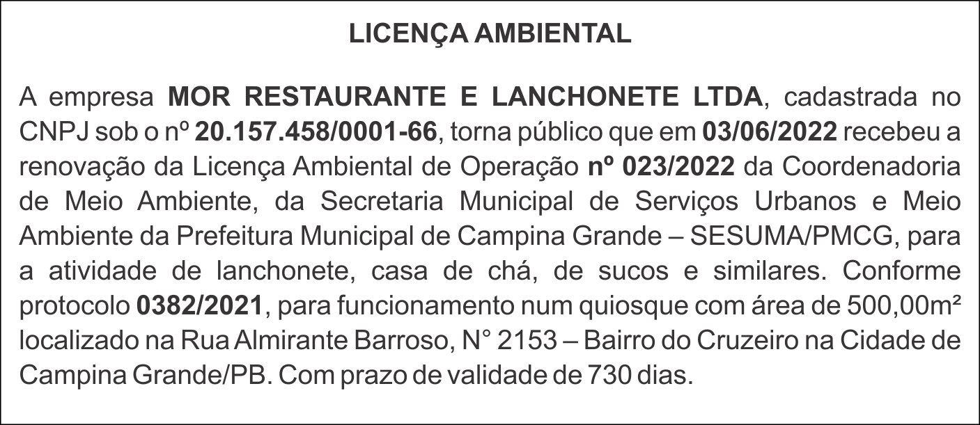 MOR RESTAURANTE E LANCHONETE LTDA – LICENÇA AMBIENTAL