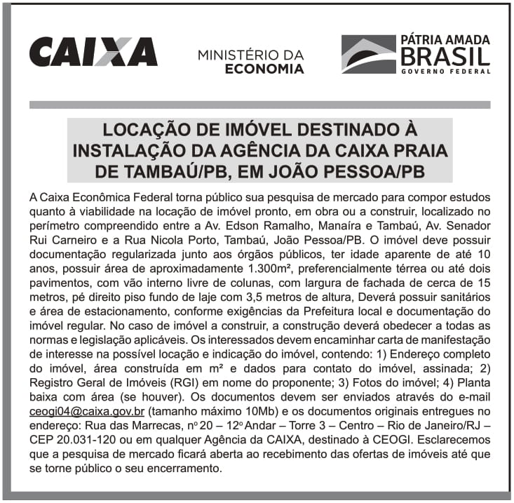 CAIXA ECONÔMICA FEDERAL – DF – BRASILIA – LOCAÇÃO DE IMÓVEL DESTINADO À INSTALAÇÃO DA AGÊNCIA DA CAIXA PRAIA DE TAMBAÚ/PB, EM JOÃO PESSOA/PB