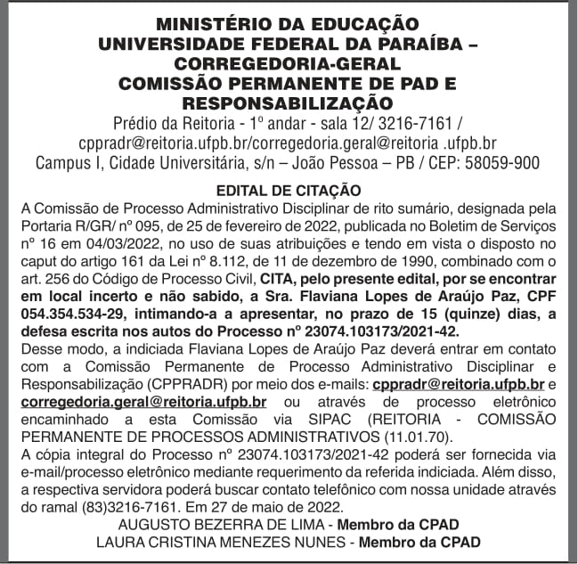 UFPB – CORREGEDORIA-GERAL COMISSÃO PERMANENTE DE PAD E RESPONSABILIZAÇÃO – EDITAL DE CITAÇÃO