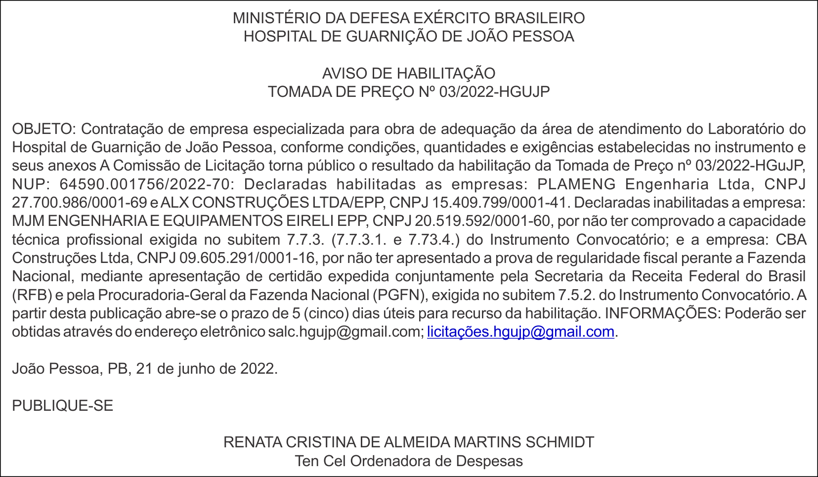 HOSPITAL DE GUARNIÇÃO DE JOÃO PESSOA – AVISO DE HABILITAÇÃO – TOMADA DE PREÇO Nº 03/2022-HGUJP