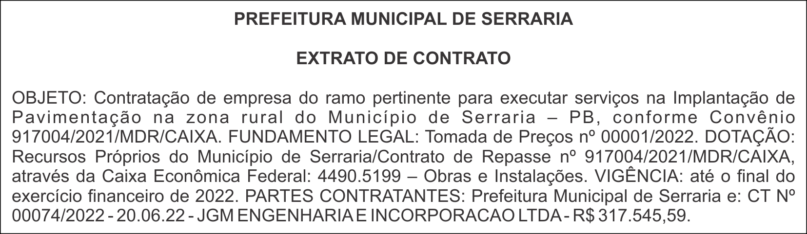 PREFEITURA MUNICIPAL DE SERRARIA – EXTRATO DE CONTRATO