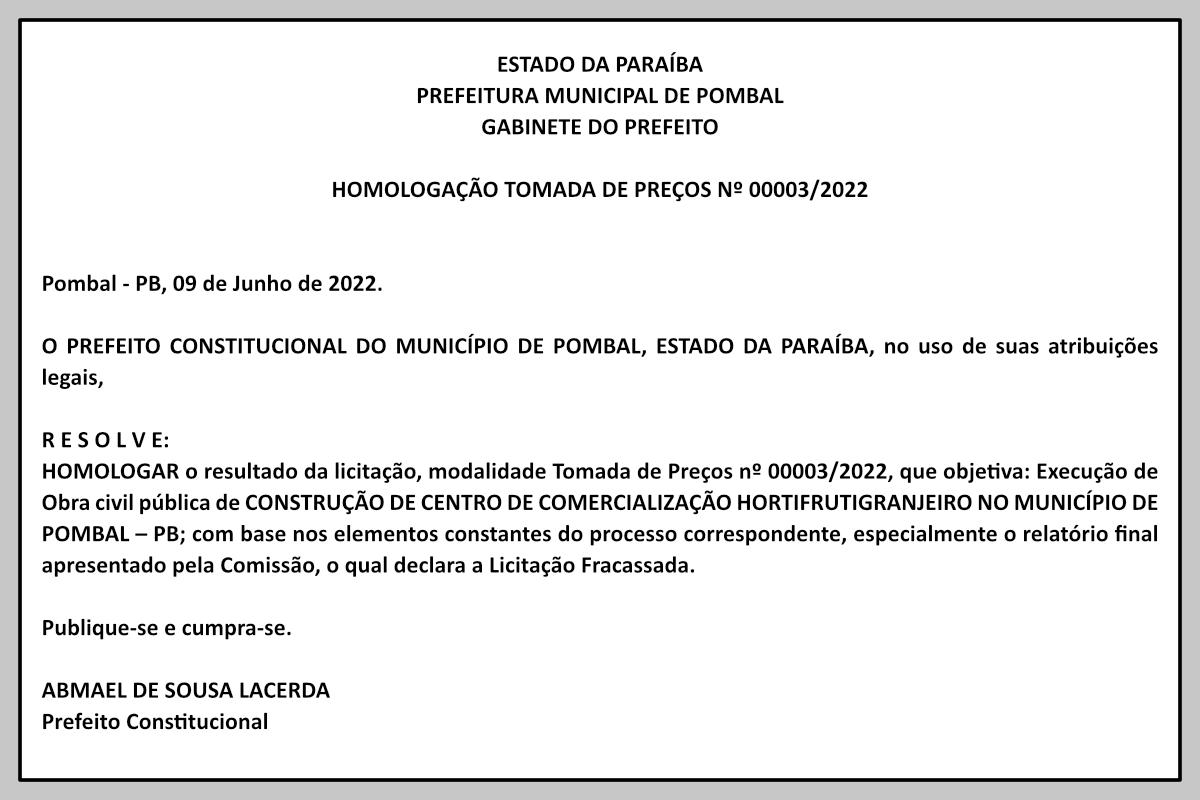 PREFEITURA MUNICIPAL DE POMBAL – HOMOLOGAÇÃO – TOMADA DE PREÇOS Nº 00003/2022