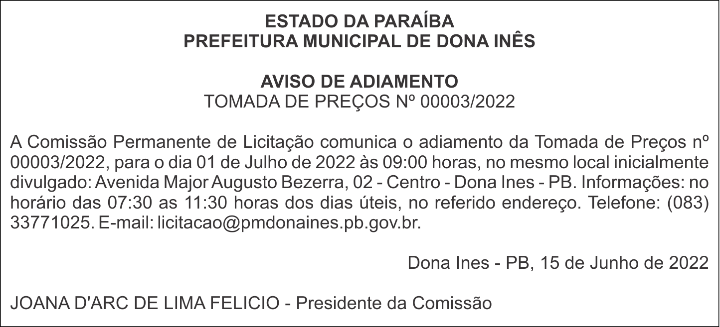 PREFEITURA MUNICIPAL DE DONA INÊS – AVISO DE ADIAMENTO – TOMADA DE PREÇOS Nº 00003/2022