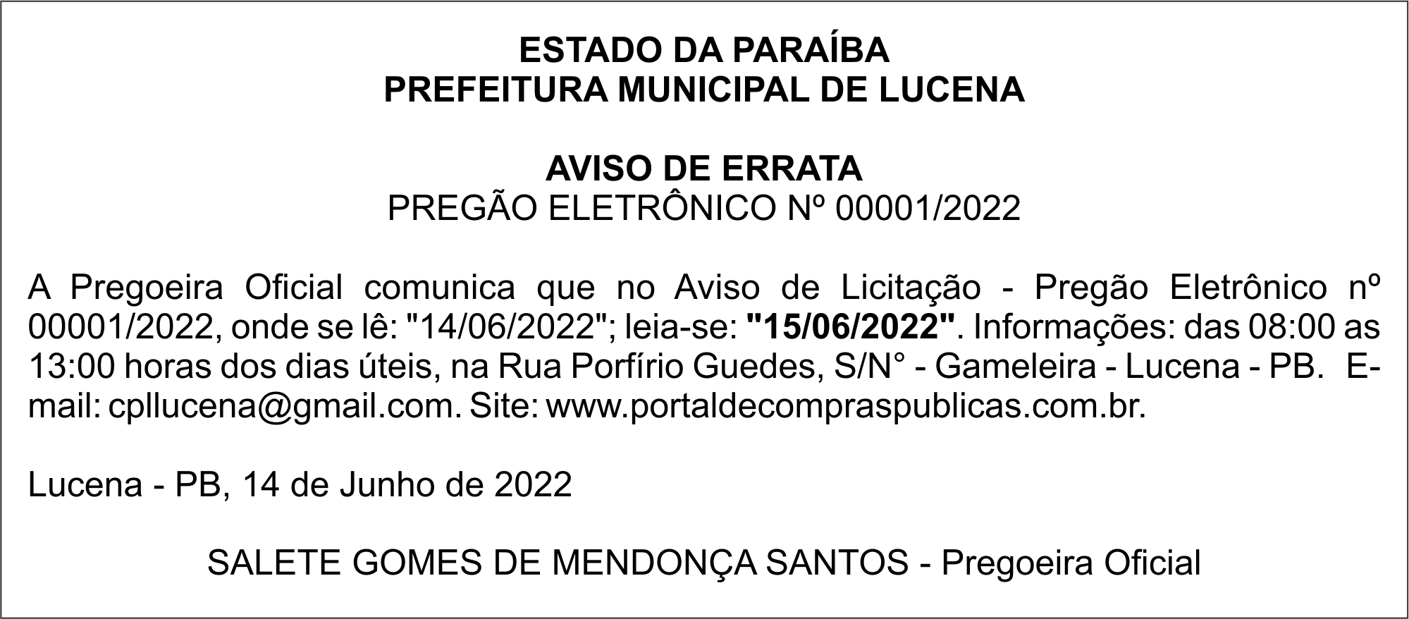 PREFEITURA MUNICIPAL DE LUCENA – AVISO DE ERRATA – PREGÃO ELETRÔNICO Nº 00001/2022