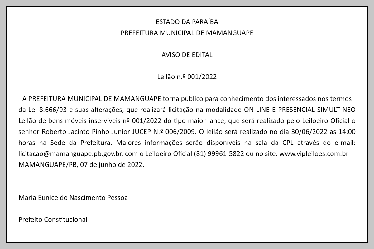 PREFEITURA MUNICIPAL DE MAMANGUAPE  – AVISO DE EDITAL – Leilão n.º 001/2022