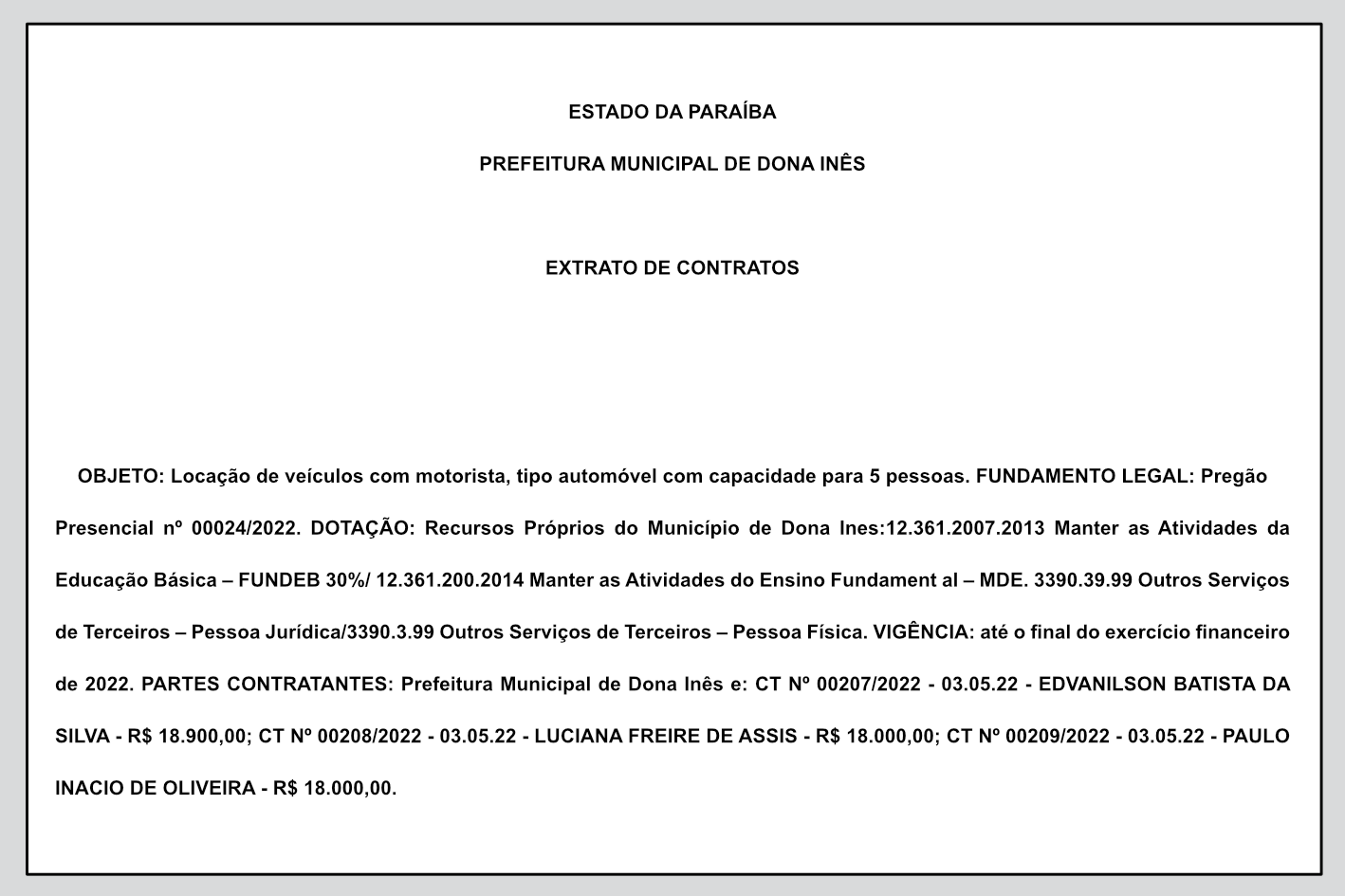 PREFEITURA MUNICIPAL DE DONA INÊS – EXTRATO DE CONTRATOS